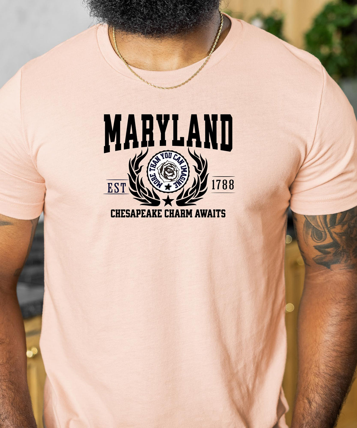 Maryland State - &quot;Chesapeake Charm Awaits&quot; Slogan T-Shirt for Bay Lovers &amp; Proud Marylanders