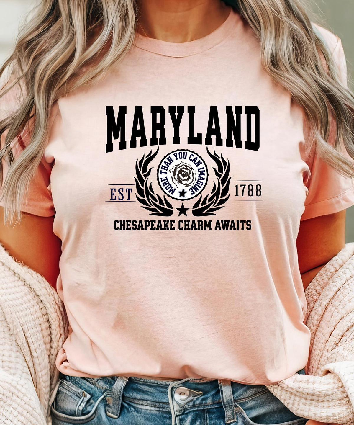 Maryland State - &quot;Chesapeake Charm Awaits&quot; Slogan T-Shirt for Bay Lovers &amp; Proud Marylanders