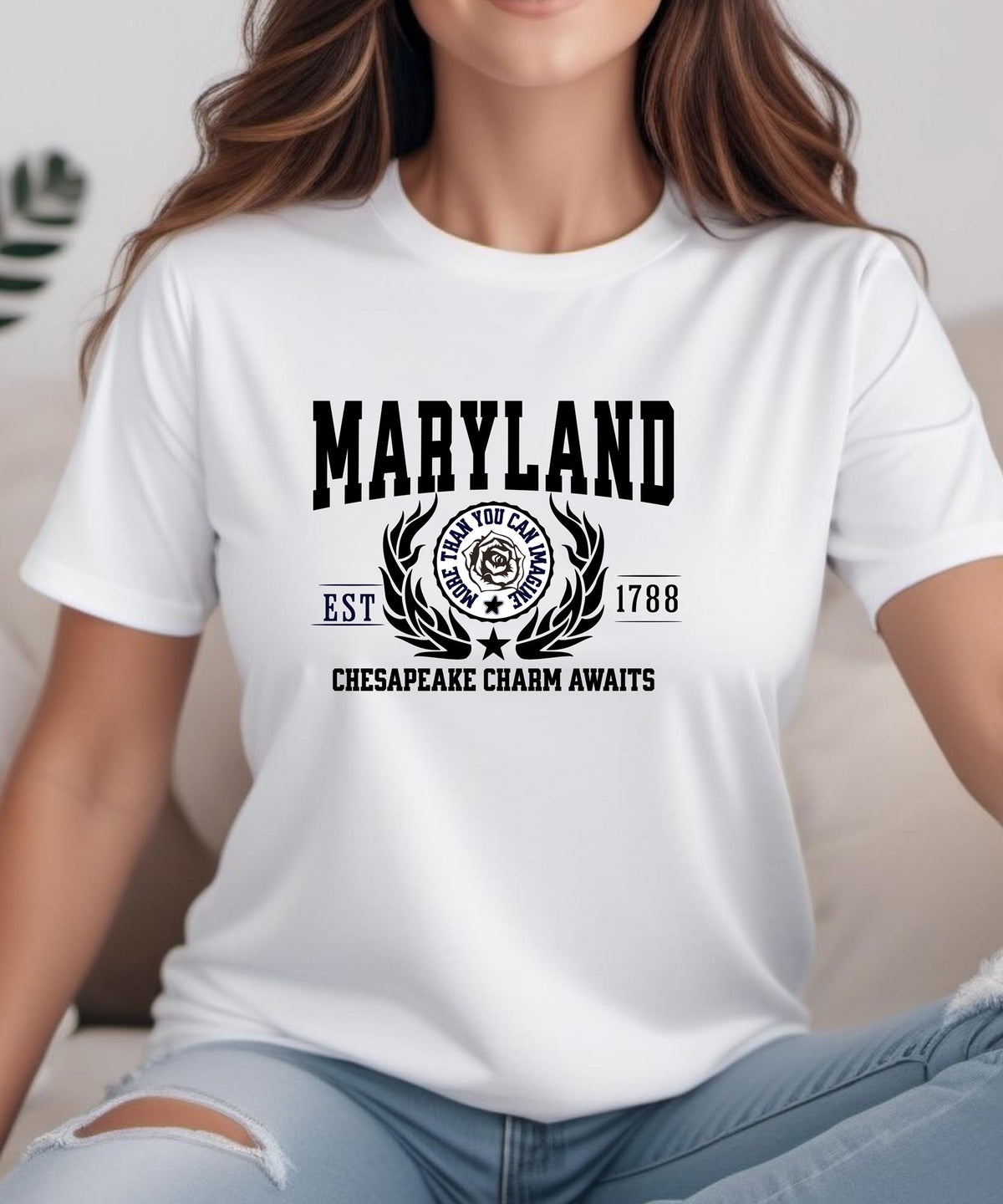 Maryland State - &quot;Chesapeake Charm Awaits&quot; Slogan T-Shirt for Bay Lovers &amp; Proud Marylanders