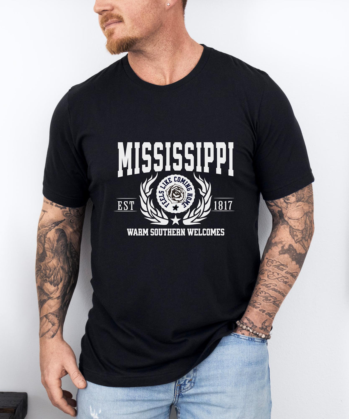 Mississippi State T-Shirt – &quot;Warm Southern Welcomes&quot; Slogan Tee, Southern Charm Apparel, Perfect for Proud Mississippians