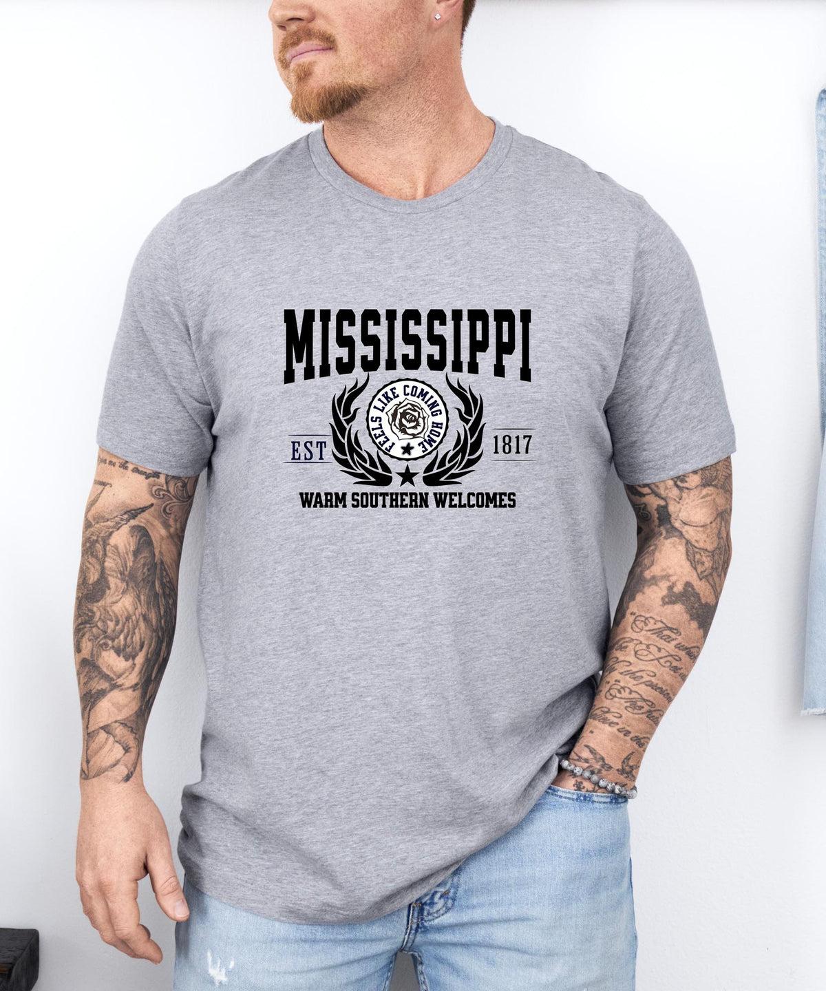 Mississippi State T-Shirt – &quot;Warm Southern Welcomes&quot; Slogan Tee, Southern Charm Apparel, Perfect for Proud Mississippians