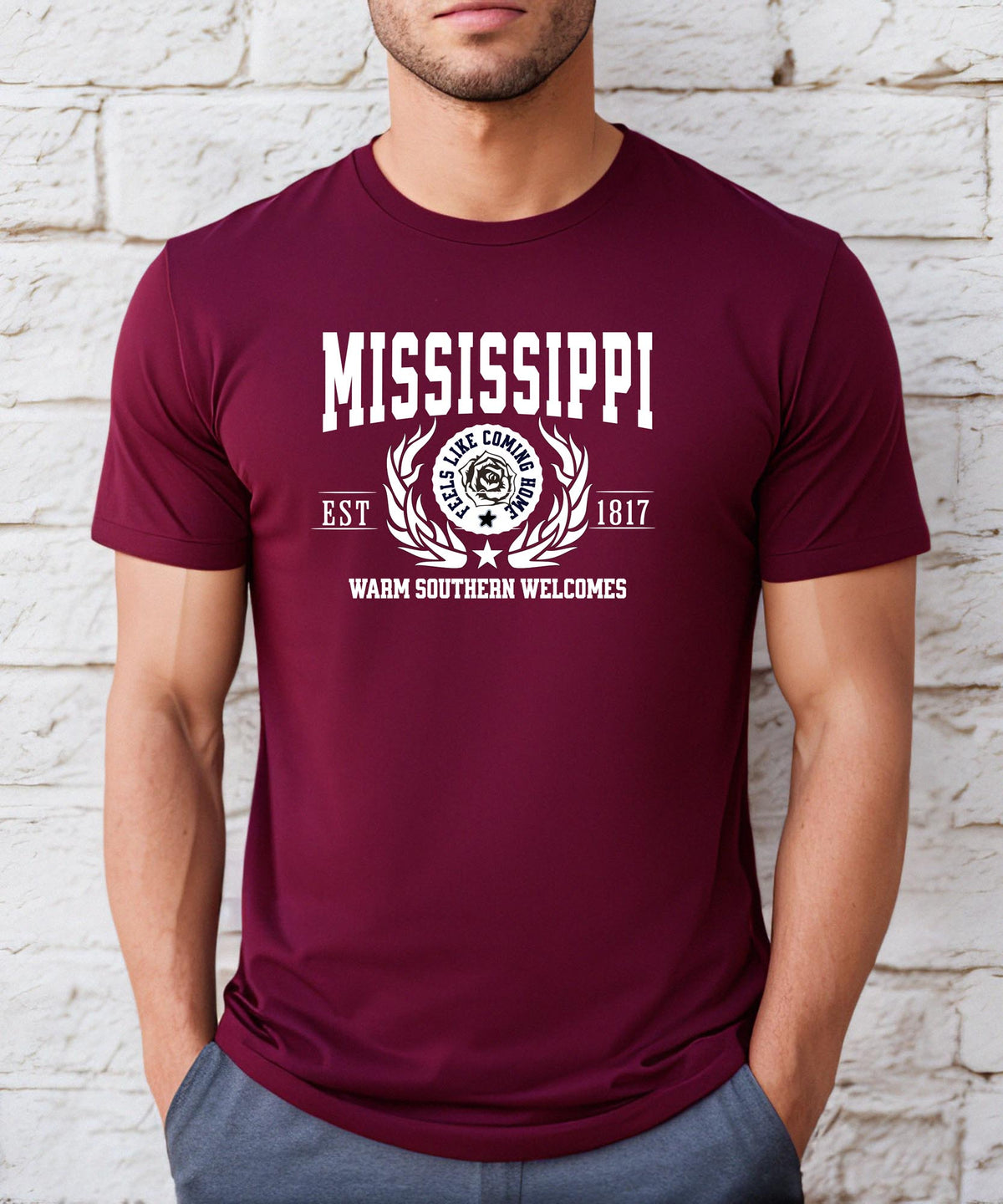 Mississippi State T-Shirt – &quot;Warm Southern Welcomes&quot; Slogan Tee, Southern Charm Apparel, Perfect for Proud Mississippians