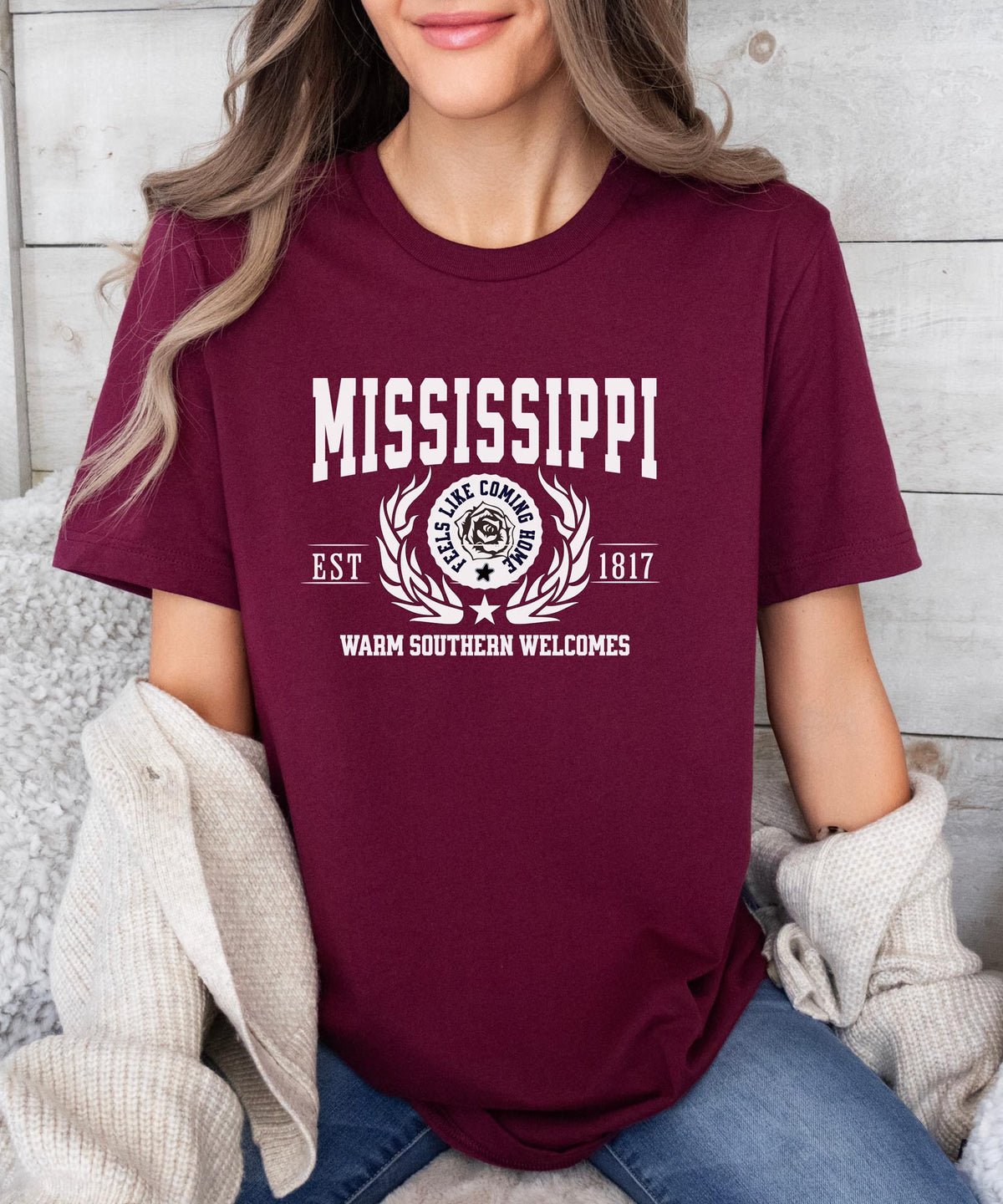 Mississippi State T-Shirt – &quot;Warm Southern Welcomes&quot; Slogan Tee, Southern Charm Apparel, Perfect for Proud Mississippians