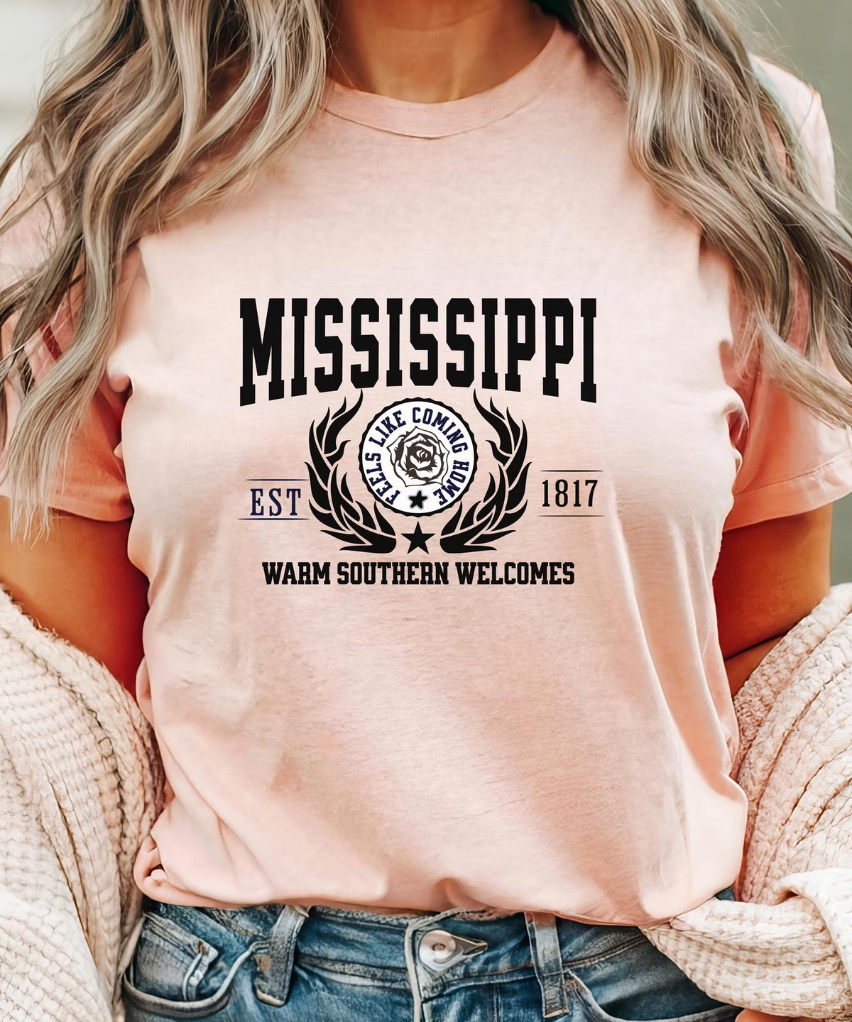 Mississippi State T-Shirt – &quot;Warm Southern Welcomes&quot; Slogan Tee, Southern Charm Apparel, Perfect for Proud Mississippians