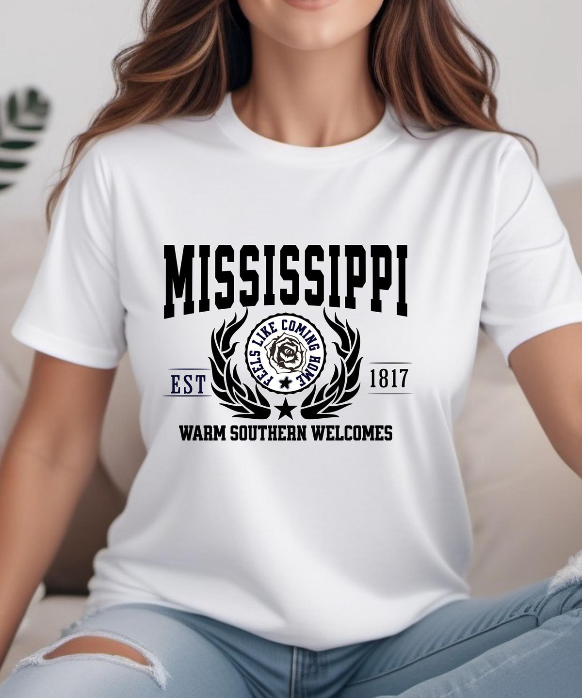 Mississippi State T-Shirt – &quot;Warm Southern Welcomes&quot; Slogan Tee, Southern Charm Apparel, Perfect for Proud Mississippians