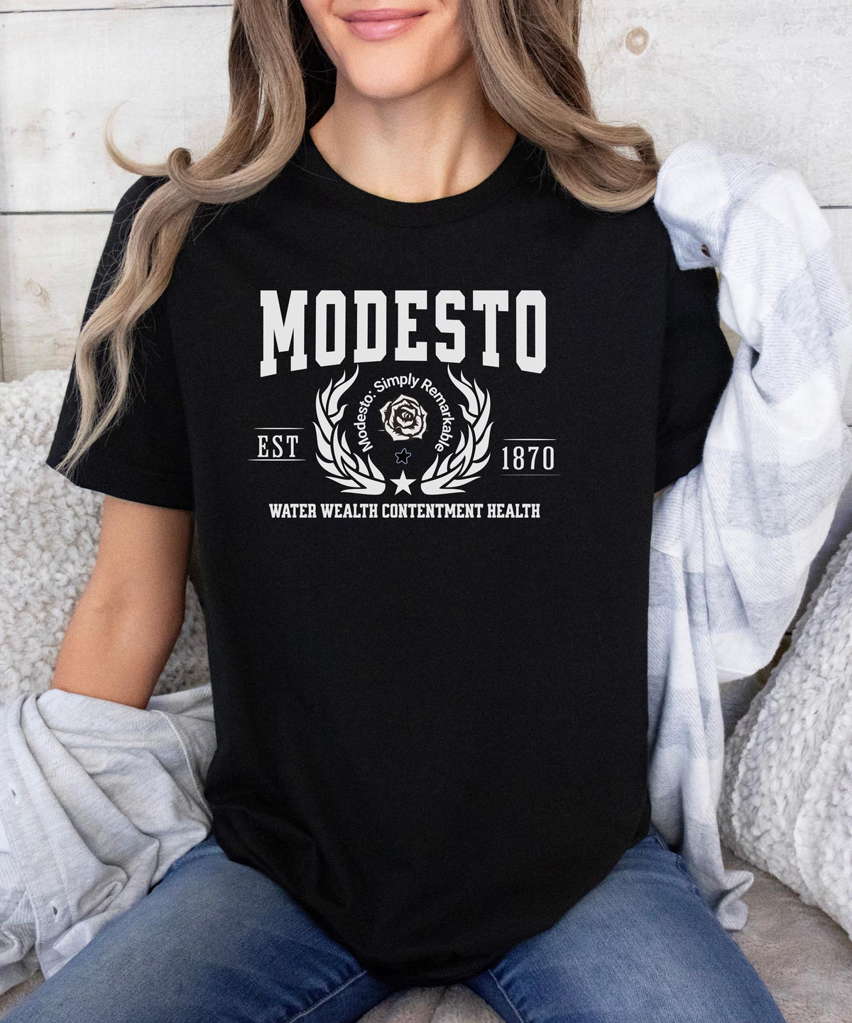 Modesto California T-Shirt - Water Wealth Contentment Health - Iconic City Pride Apparel