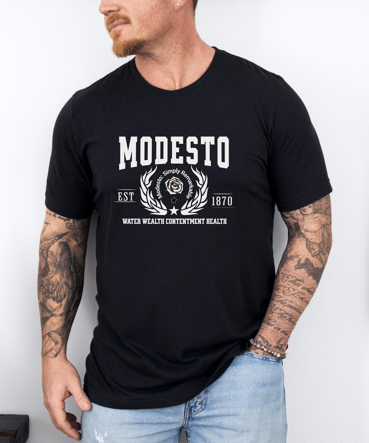 Modesto California T-Shirt - Water Wealth Contentment Health - Iconic City Pride Apparel