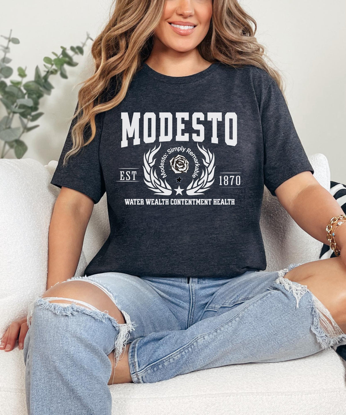 Modesto California T-Shirt - Water Wealth Contentment Health - Iconic City Pride Apparel