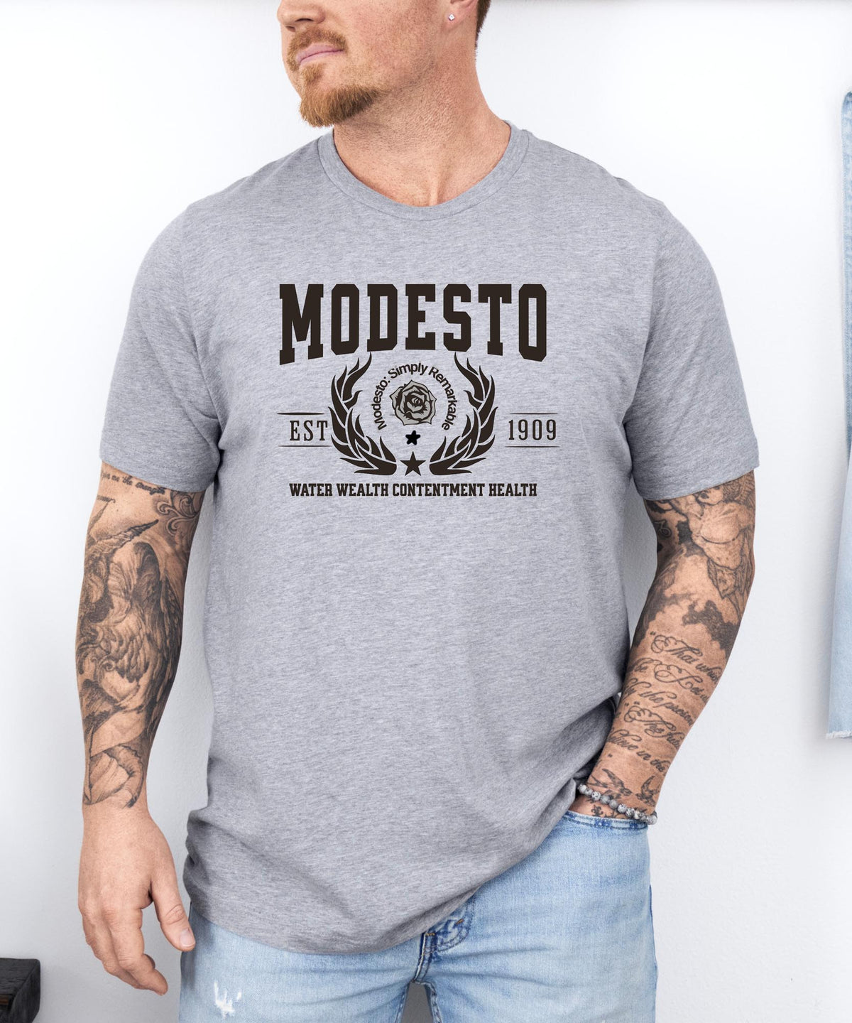 Modesto California T-Shirt - Water Wealth Contentment Health - Iconic City Pride Apparel