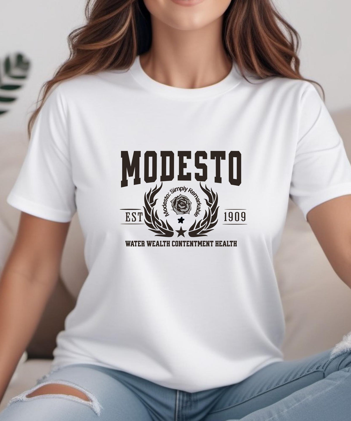 Modesto California T-Shirt - Water Wealth Contentment Health - Iconic City Pride Apparel