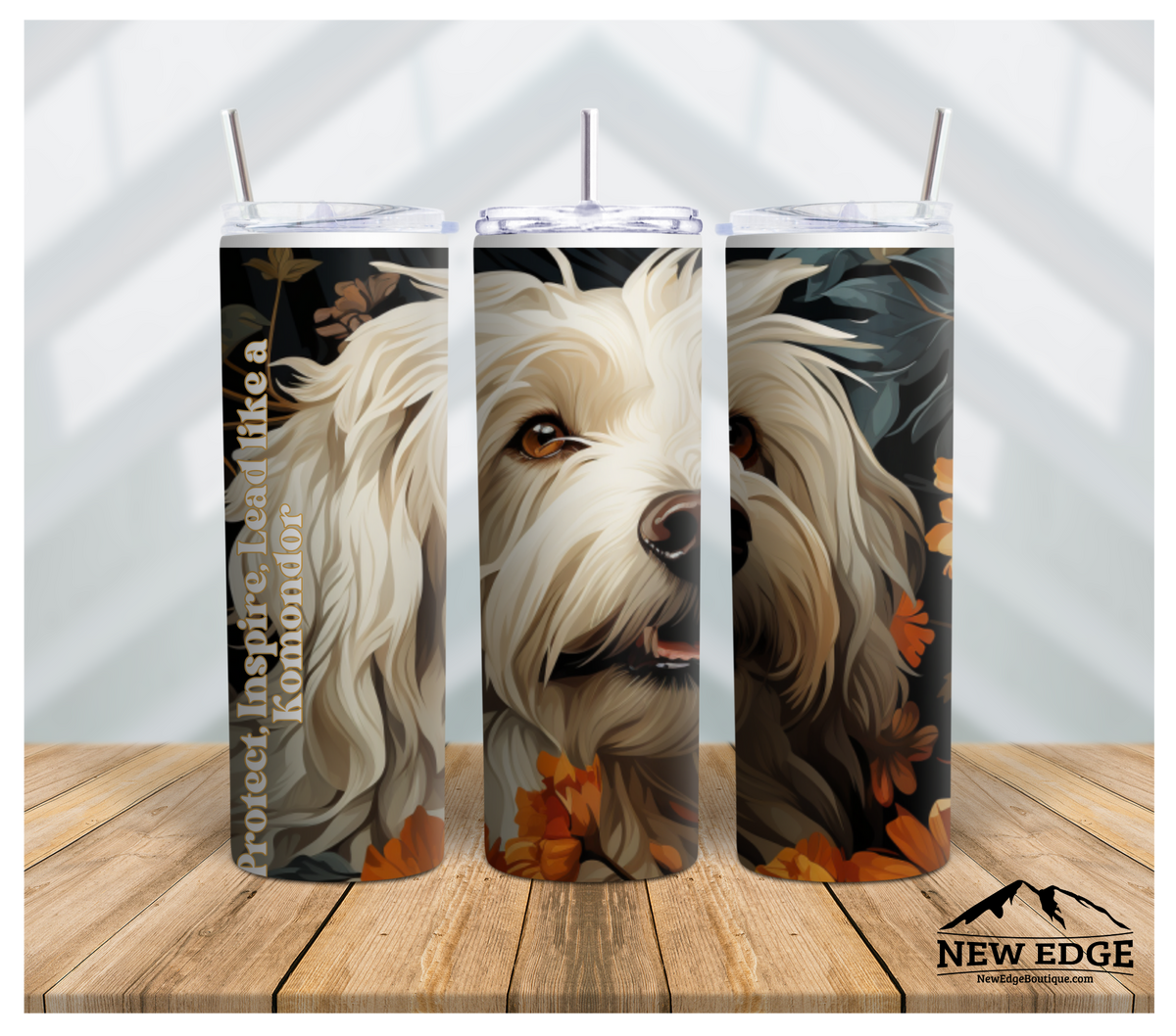 NEW EDGE 20 OZ SUBLIMATION SUNFLOWER AND DOG BREED SKINNY TUMBLER - &quot;PROTECT, INSPIRE, LEAD LIKE A KOMONDOR&quot;