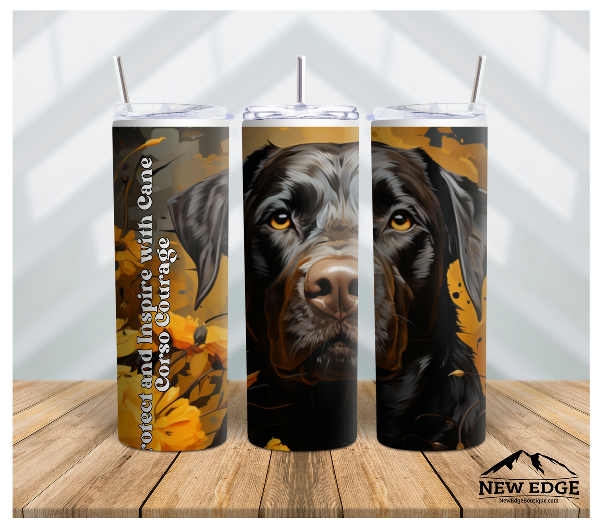 NEW EDGE 20 OZ SUBLIMATION SUNFLOWER AND DOG BREED SKINNY TUMBLER - &quot;PROTECT AND INSPIRE WITH CANE CORSO COURAGE&quot;