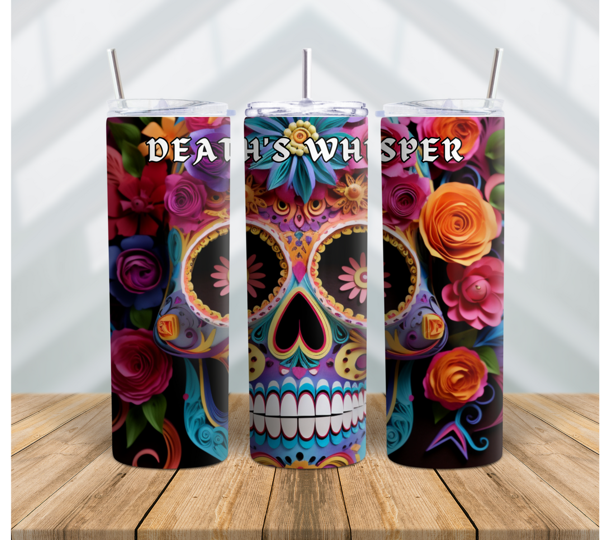 DEATH&#39;S WHISPER: DAY OF THE DEAD 20 OZ SKULL SKINNY TUMBLER - STAINLESS STEEL INSULATED CUP WITH LID AND STRAW