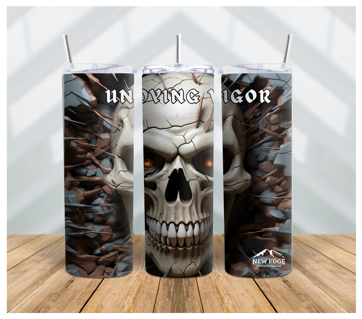 UNDYING VIGOR: 3D 20 OZ CRACKS SKULL SKINNY TUMBLER - STAINLESS STEEL INSULATED CUP WITH LID AND STRAW