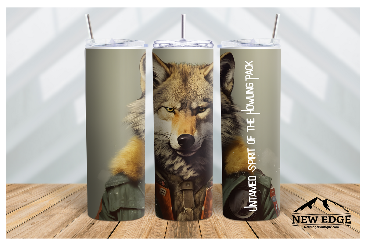 NEW EDGE 20 OZ 3D WOLF SKINNY TUMBLER - &quot;UNTAMED SPIRIT OF THE HOWLING PACK&quot;