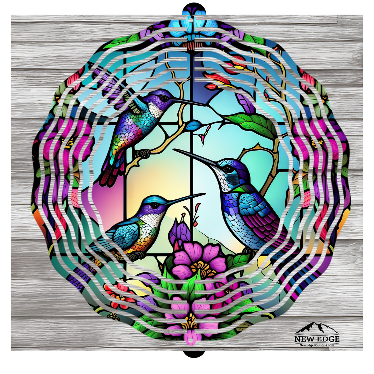 NEW EDGE 10 INCHES ROUND 3D COLORFUL STAINED GLASS HUMMINGBIRD FLOWERS WIND SPINNER