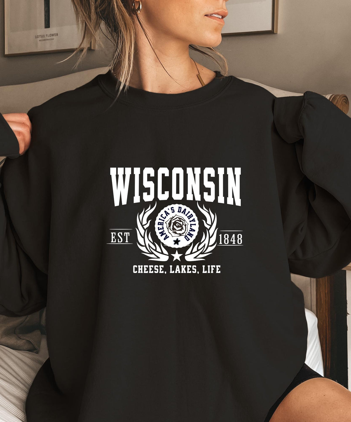 Wisconsin State Crewneck Sweatshirt | Cheese, Lakes, Life | Midwest Wisconsin Apparel