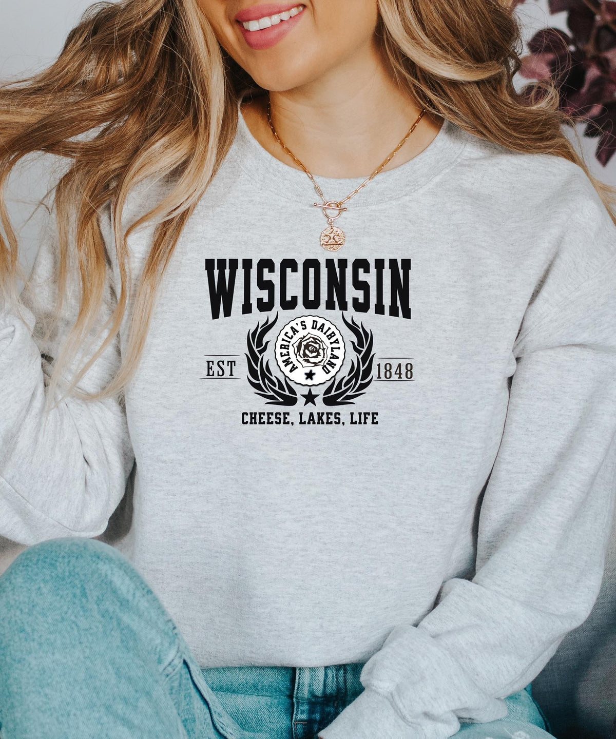 Wisconsin State Crewneck Sweatshirt | Cheese, Lakes, Life | Midwest Wisconsin Apparel