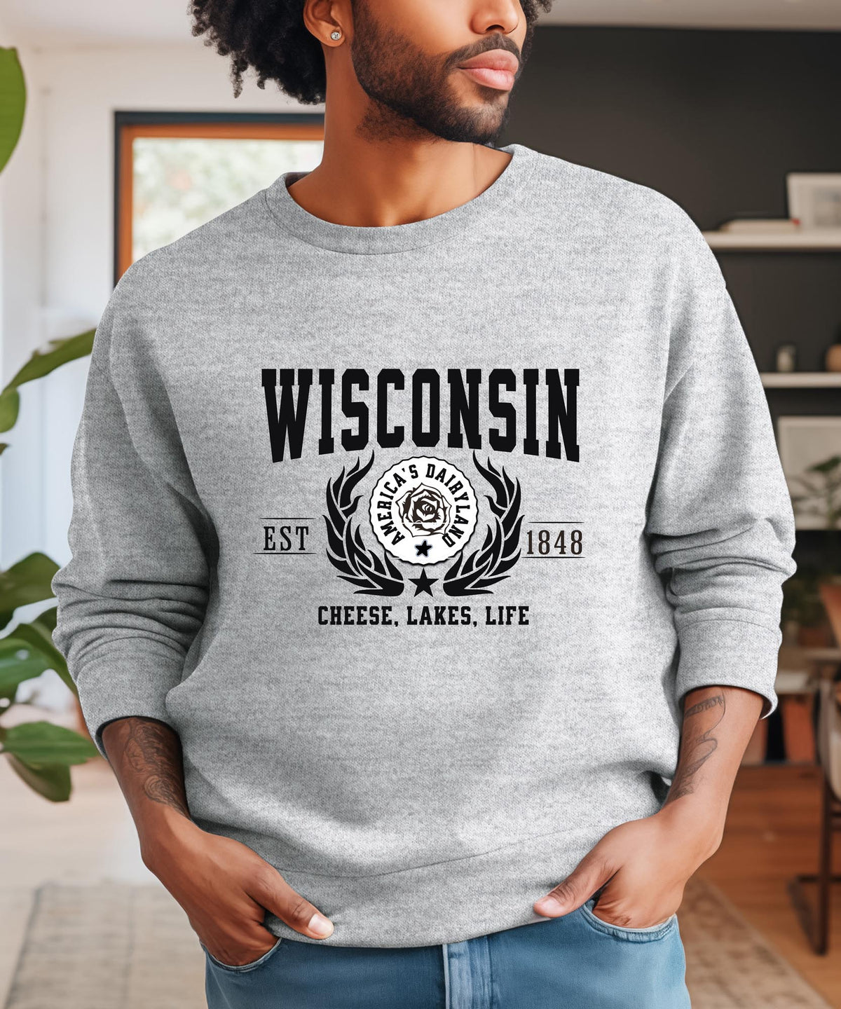 Wisconsin State Crewneck Sweatshirt | Cheese, Lakes, Life | Midwest Wisconsin Apparel