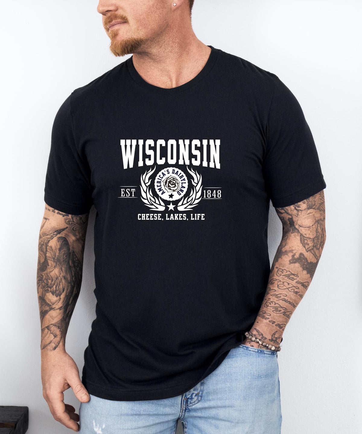 Wisconsin State T-Shirt – &quot;Cheese, Lakes, Life&quot; Slogan Tee, Embrace the Spirit of Wisconsin with Midwest Charm