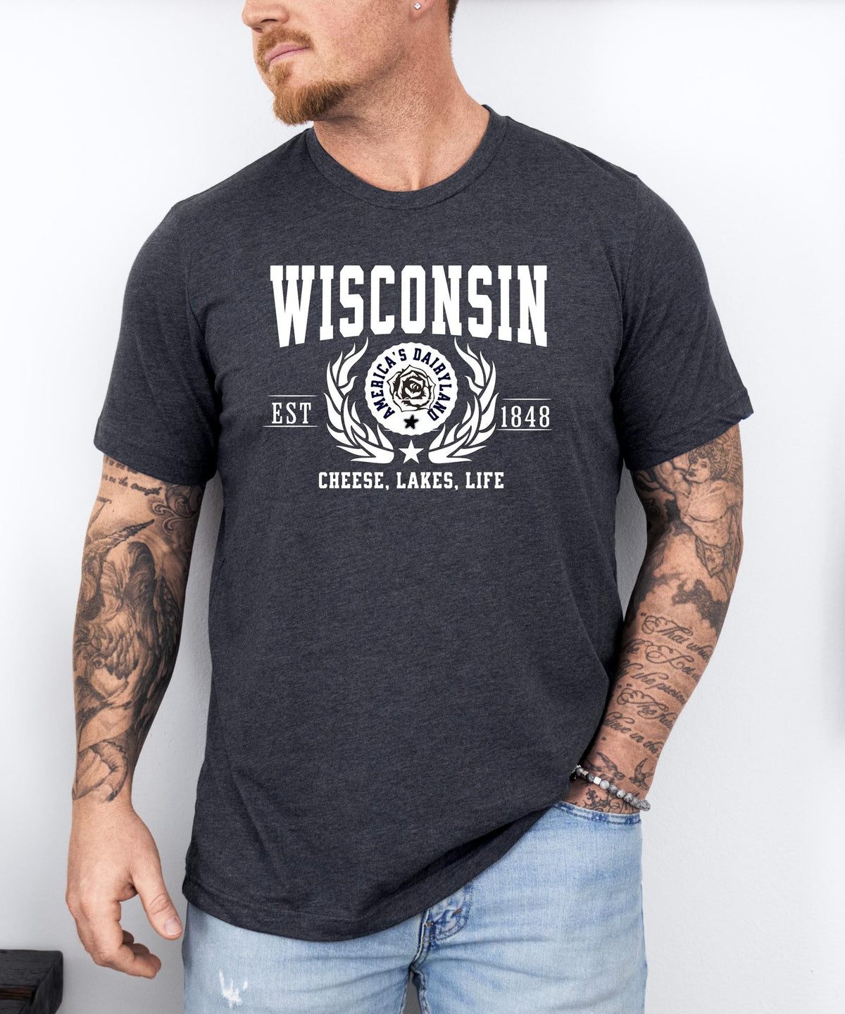 Wisconsin State T-Shirt – &quot;Cheese, Lakes, Life&quot; Slogan Tee, Embrace the Spirit of Wisconsin with Midwest Charm