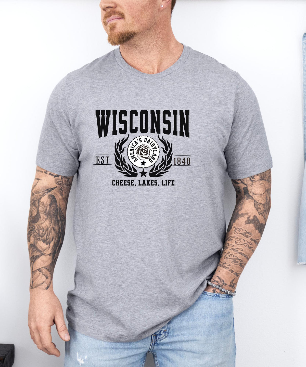 Wisconsin State T-Shirt – &quot;Cheese, Lakes, Life&quot; Slogan Tee, Embrace the Spirit of Wisconsin with Midwest Charm