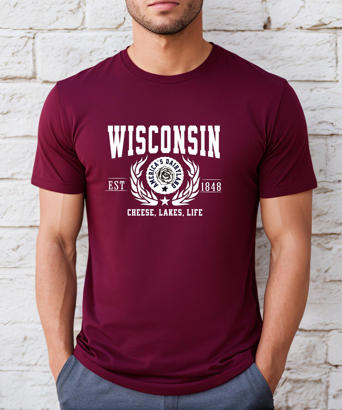 Wisconsin State T-Shirt – &quot;Cheese, Lakes, Life&quot; Slogan Tee, Embrace the Spirit of Wisconsin with Midwest Charm