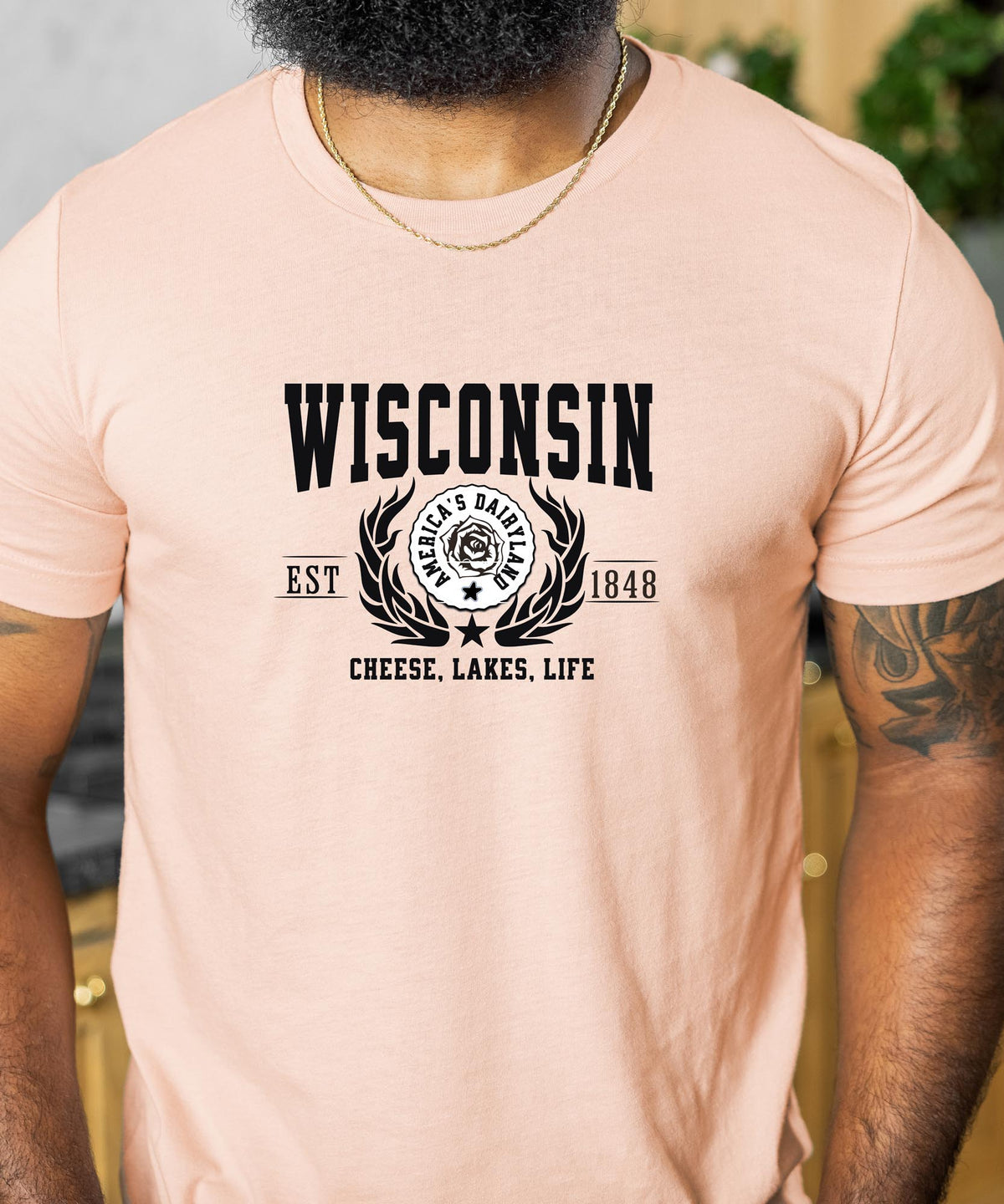 Wisconsin State T-Shirt – &quot;Cheese, Lakes, Life&quot; Slogan Tee, Embrace the Spirit of Wisconsin with Midwest Charm