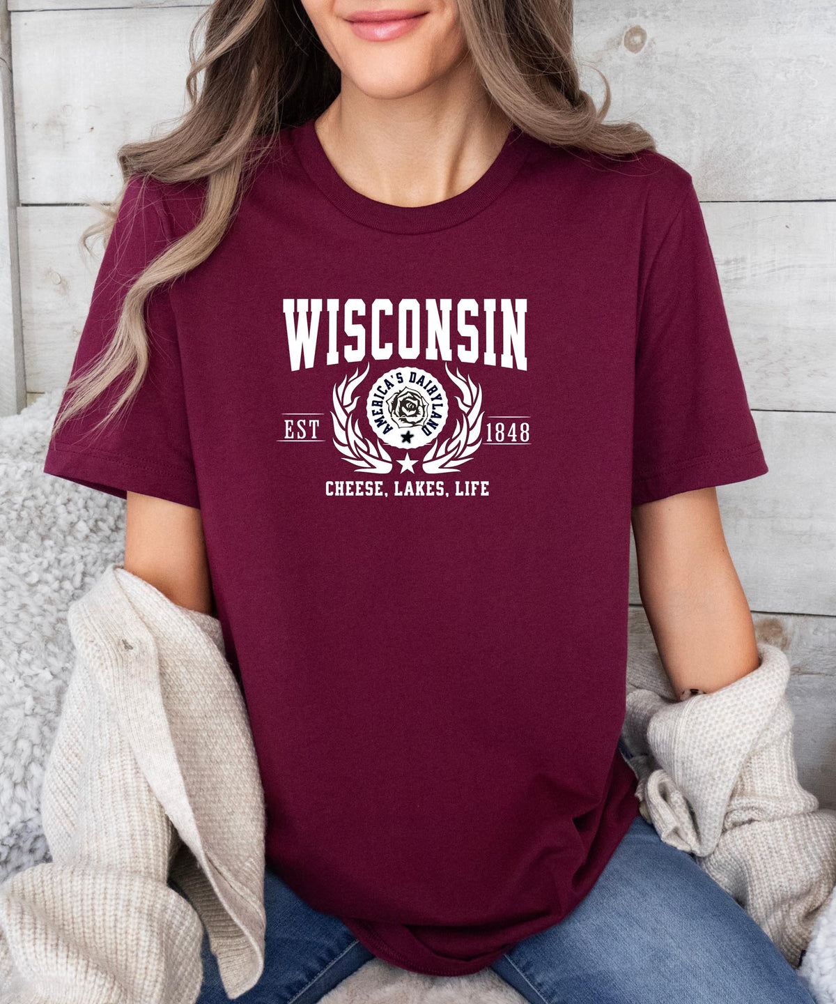 Wisconsin State T-Shirt – &quot;Cheese, Lakes, Life&quot; Slogan Tee, Embrace the Spirit of Wisconsin with Midwest Charm