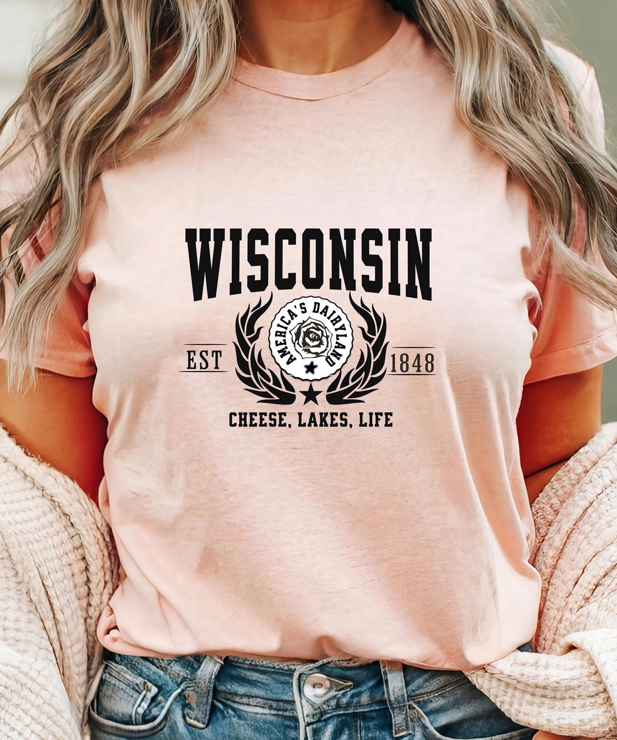 Wisconsin State T-Shirt – &quot;Cheese, Lakes, Life&quot; Slogan Tee, Embrace the Spirit of Wisconsin with Midwest Charm