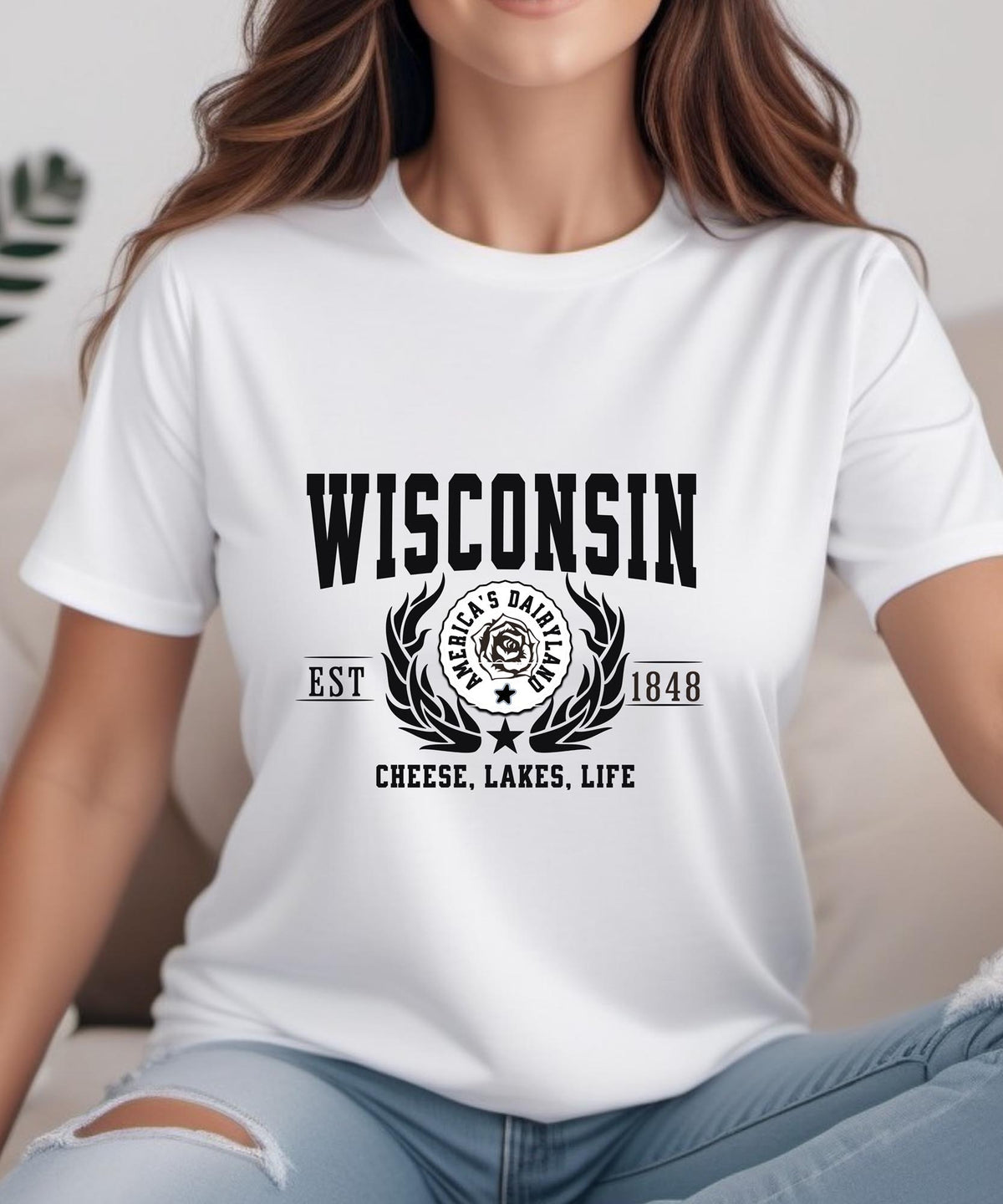 Wisconsin State T-Shirt – &quot;Cheese, Lakes, Life&quot; Slogan Tee, Embrace the Spirit of Wisconsin with Midwest Charm