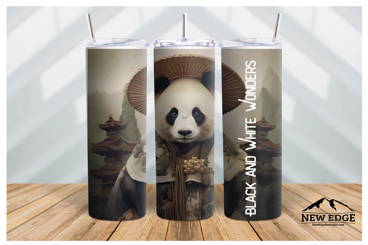 NEW EDGE 20 OZ 3D PANDA SKINNY TUMBLER - &quot;BLACK AND WHITE WONDERS&quot;