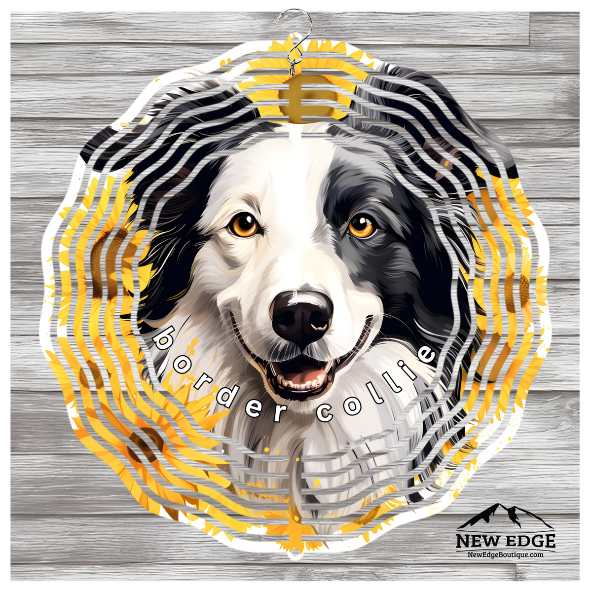 NEW EDGE 3D BEAUTIFUL COLORFUL BORDER COLLIE DOG WIND SPINNER - 10 INCHES - STAINLESS STEEL