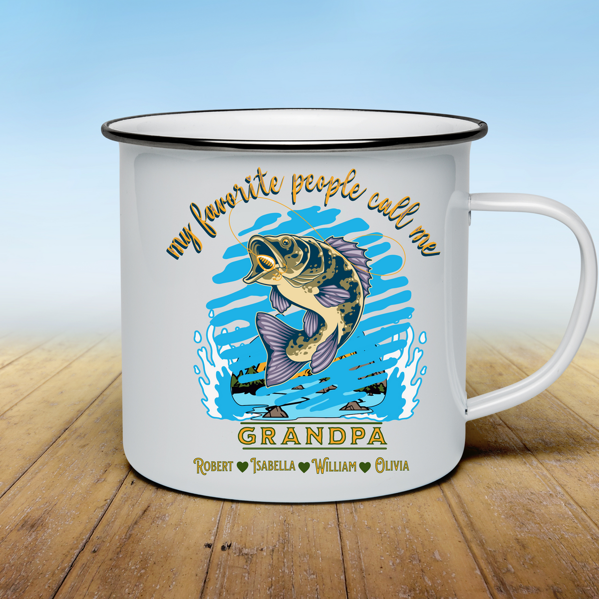 GRANDPA&#39;S FISHING EXPEDITION PERSONALIZED ENAMEL MUG