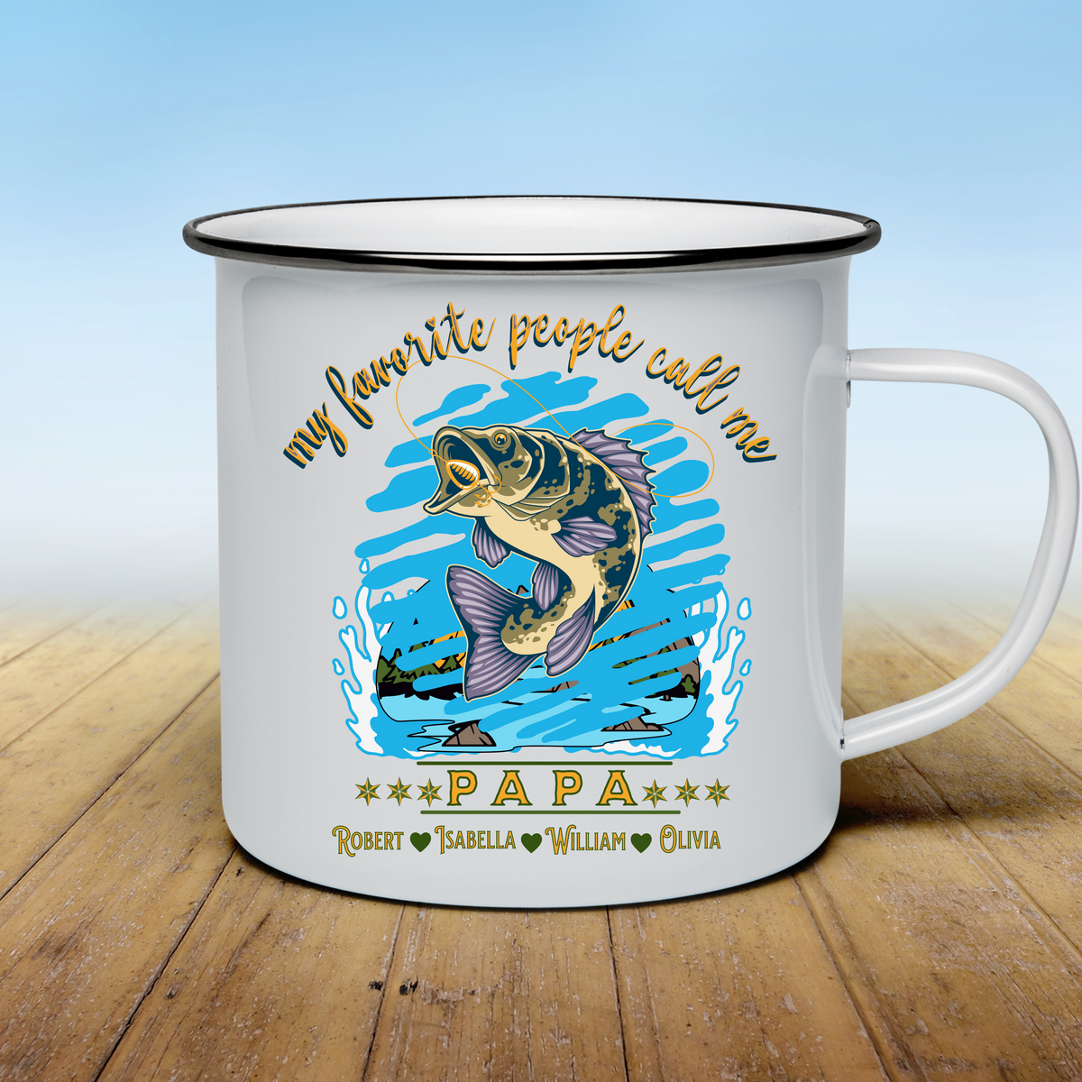 PAPA&#39;S FISHING RETREAT PERSONALIZED ENAMEL MUG