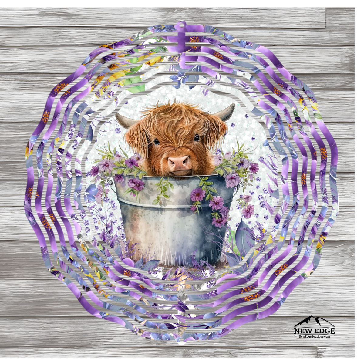 NEW EDGE 10-INCH ROUND 3D COLORFUL PURPLE FLORAL HIGHLAND COW WIND SPINNER