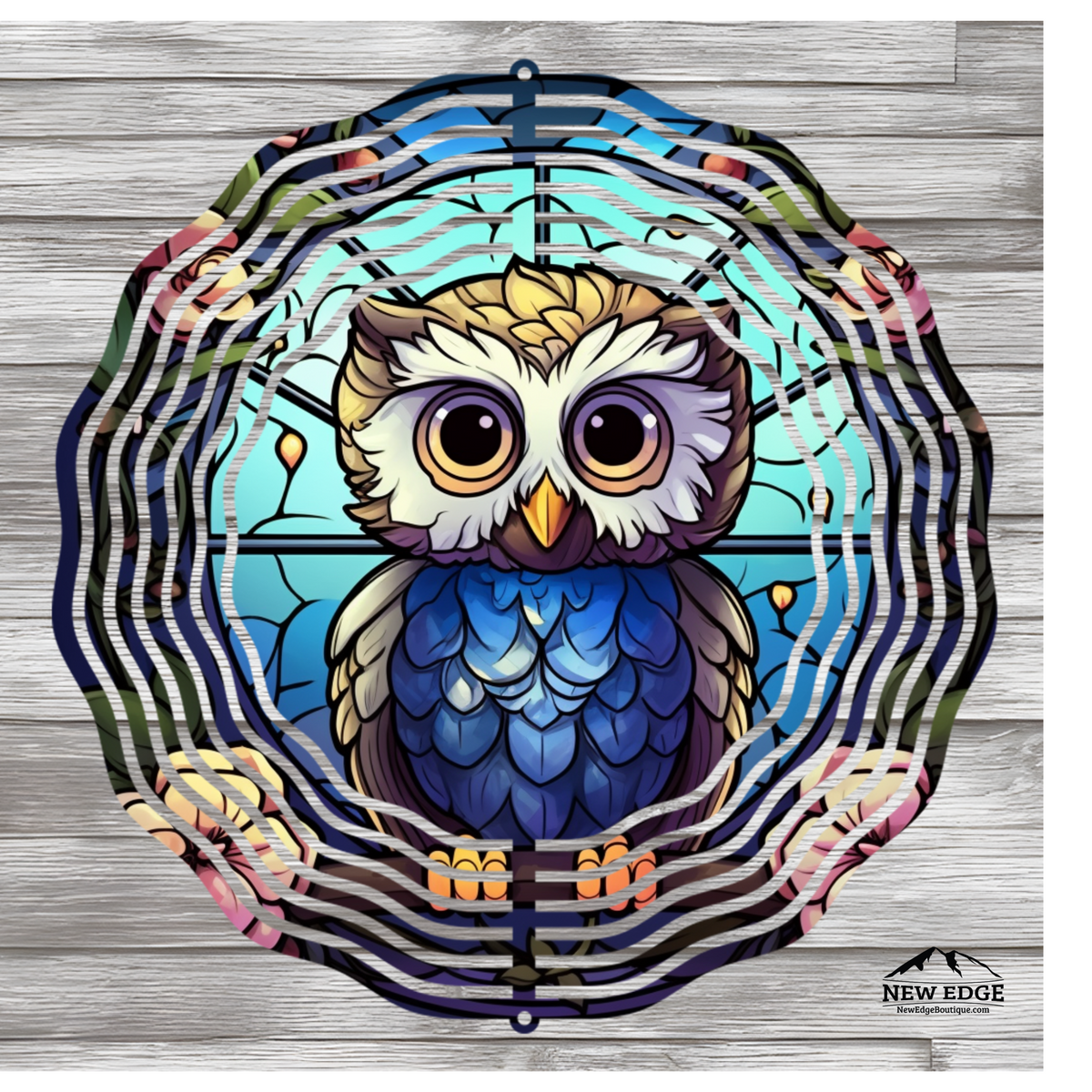 NEW EDGE 10-INCH ROUND 3D COLORFUL STAINED GLASS OWL WIND SPINNER