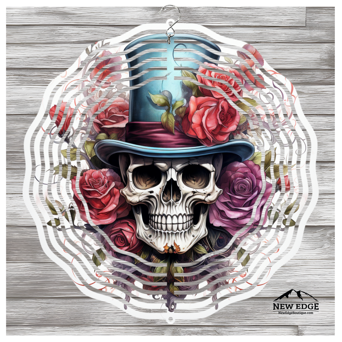 NEW EDGE 10-INCH ROUND 3D FLORAL HAT SKULL WIND SPINNER - METAL OUTDOOR DECOR